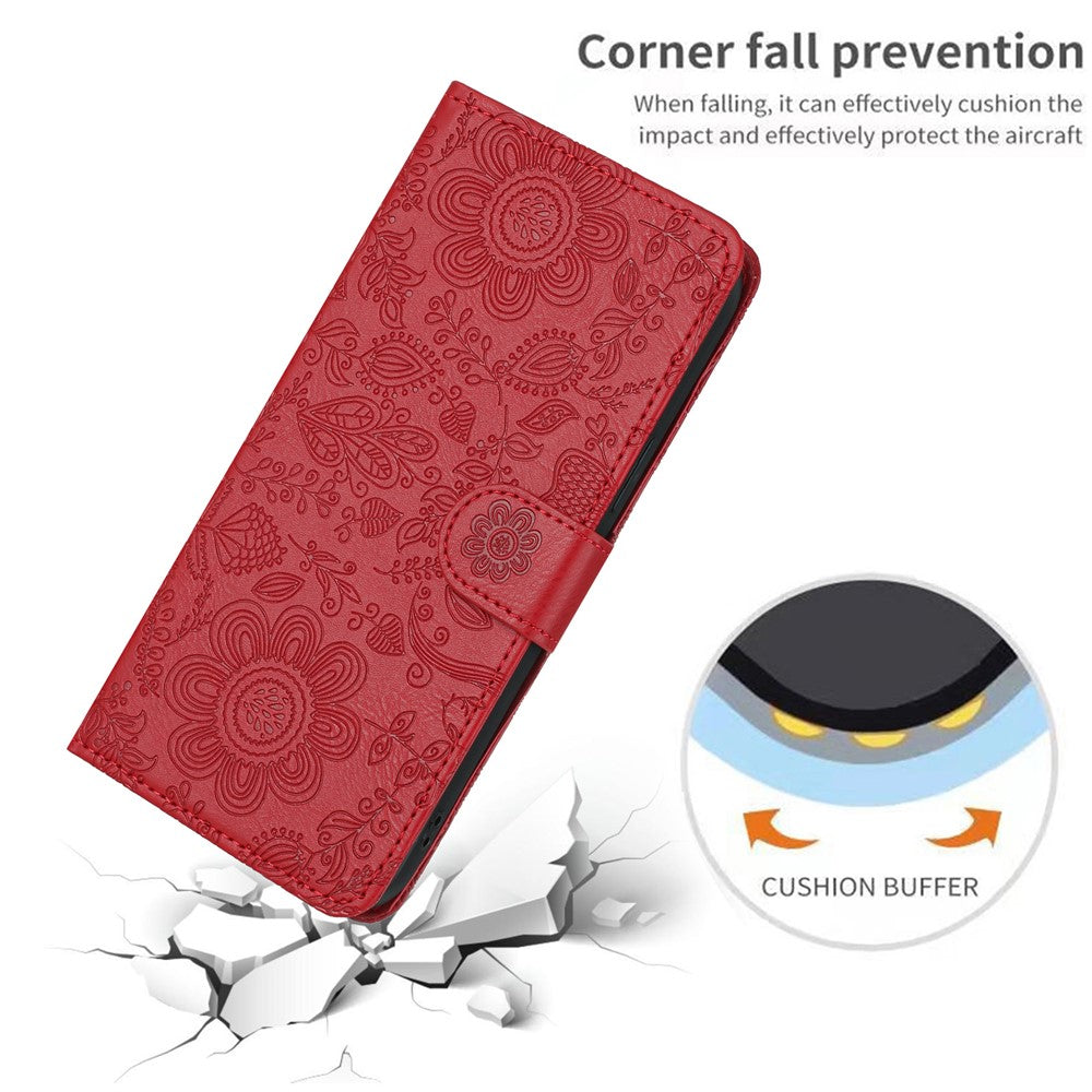 For Samsung Galaxy A57 5G Case Flower Imprint Leather Flip Wallet Phone Cover with Wrist Strap - Red