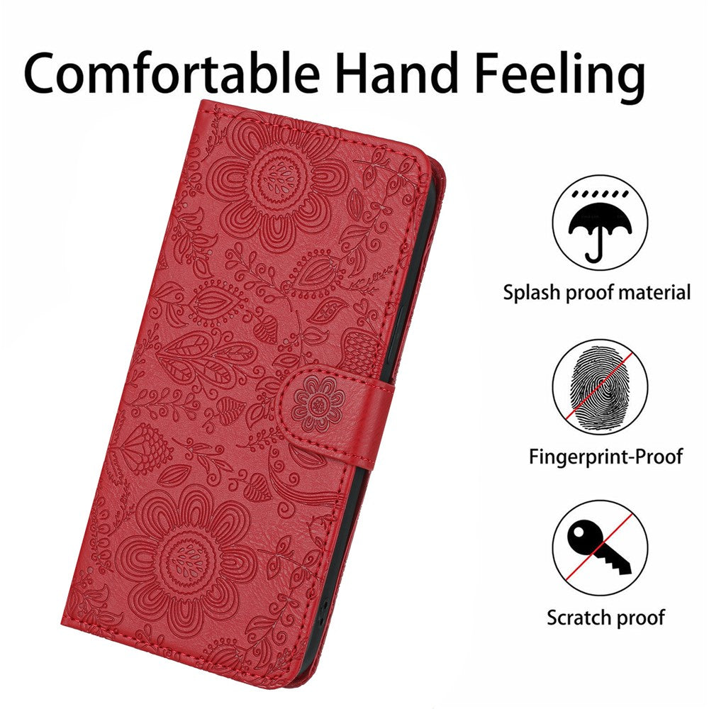 For Samsung Galaxy A57 5G Case Flower Imprint Leather Flip Wallet Phone Cover with Wrist Strap - Red