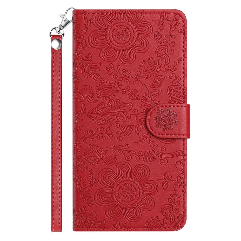 For Samsung Galaxy A57 5G Case Flower Imprint Leather Flip Wallet Phone Cover with Wrist Strap - Red
