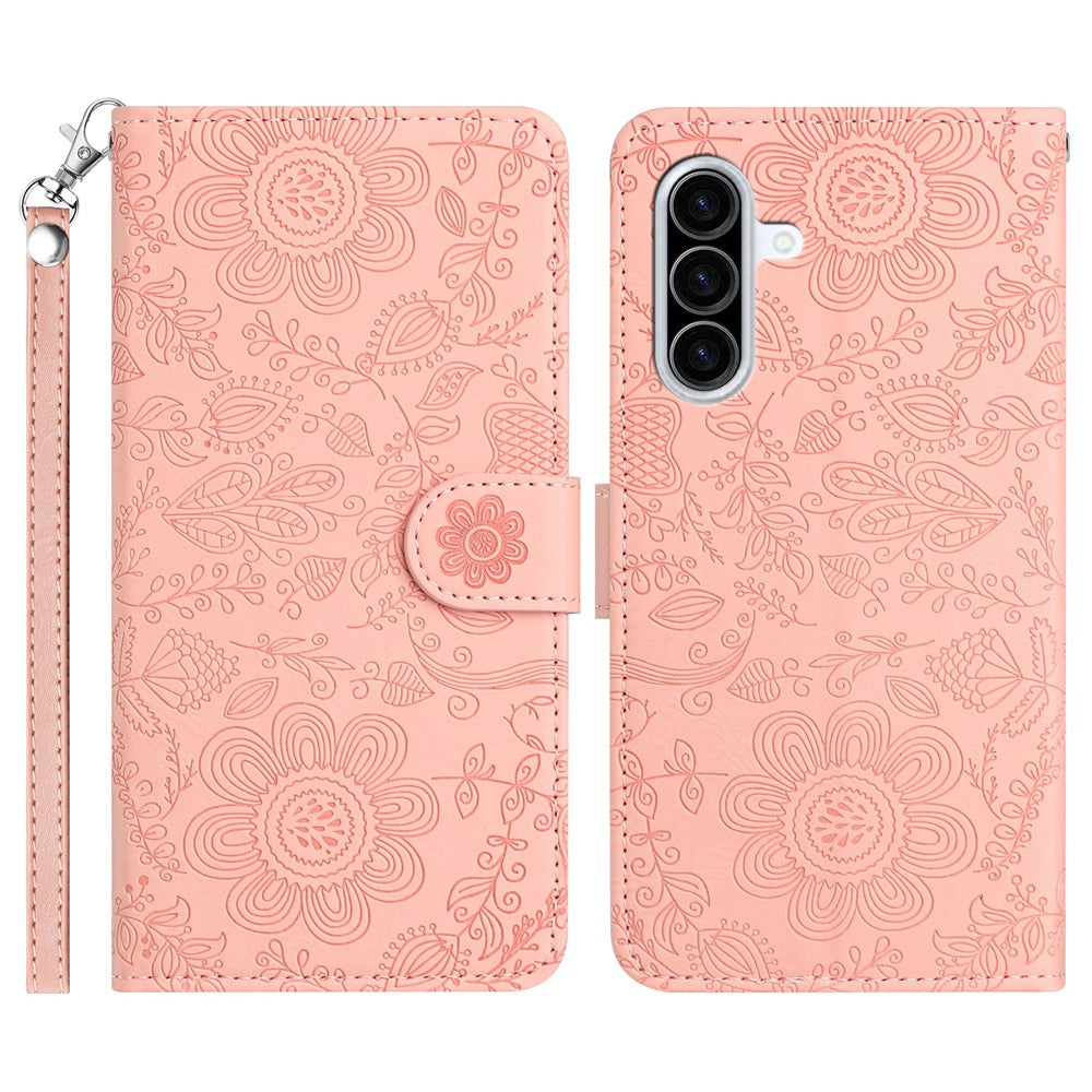 For Samsung Galaxy A57 5G Case Flower Imprint Leather Flip Wallet Phone Cover with Wrist Strap - Pink