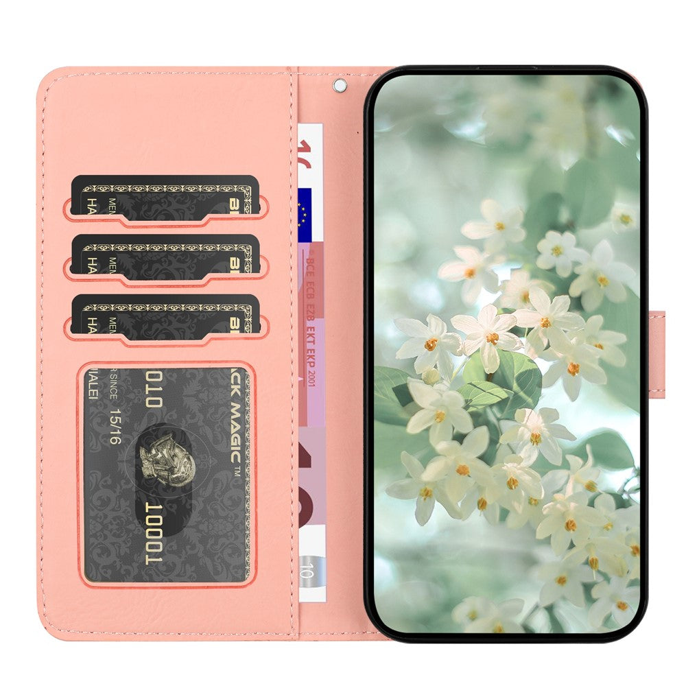 For Samsung Galaxy A57 5G Case Flower Imprint Leather Flip Wallet Phone Cover with Wrist Strap - Pink