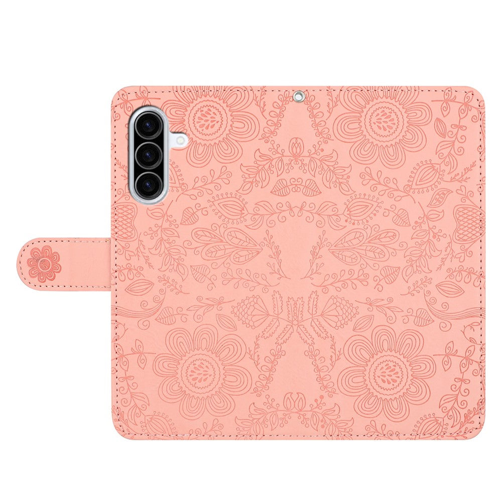 For Samsung Galaxy A57 5G Case Flower Imprint Leather Flip Wallet Phone Cover with Wrist Strap - Pink