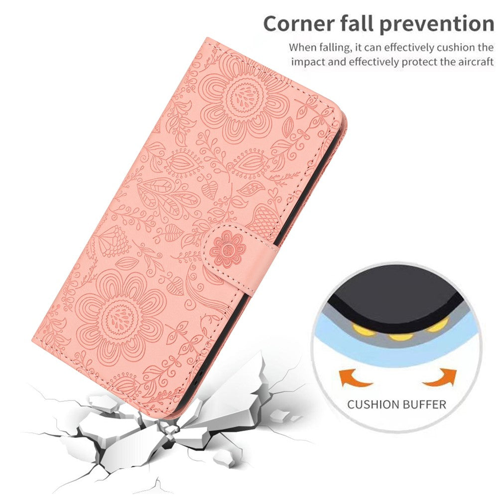 For Samsung Galaxy A57 5G Case Flower Imprint Leather Flip Wallet Phone Cover with Wrist Strap - Pink