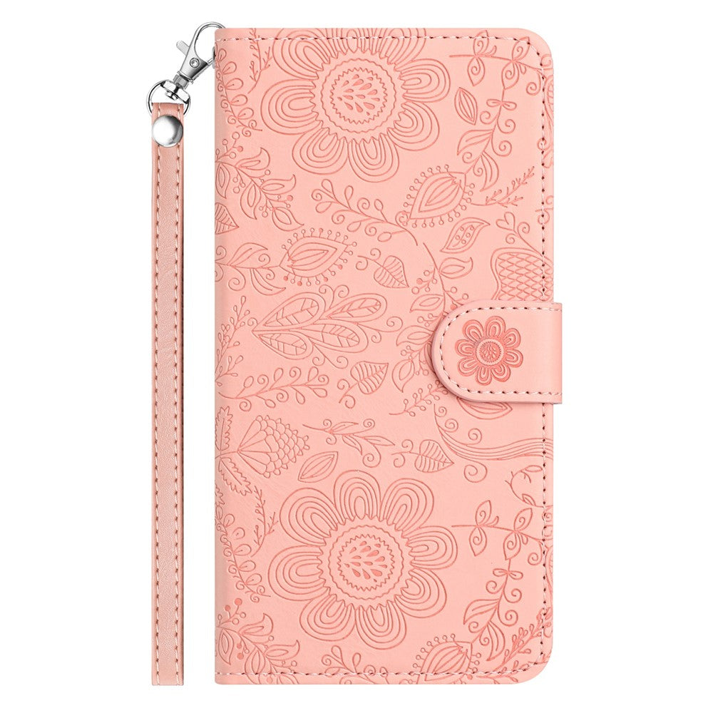 For Samsung Galaxy A57 5G Case Flower Imprint Leather Flip Wallet Phone Cover with Wrist Strap - Pink