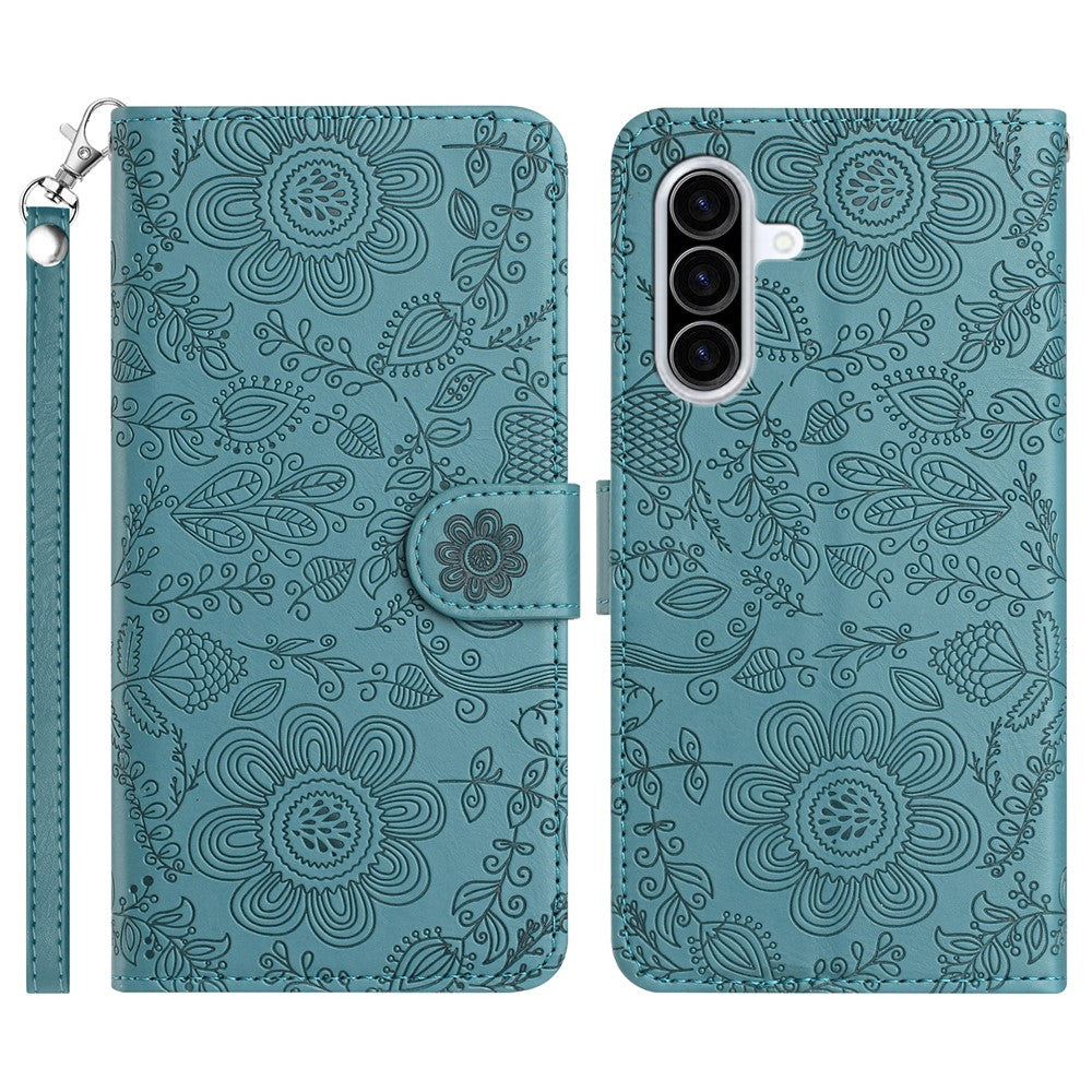For Samsung Galaxy A57 5G Case Flower Imprint Leather Flip Wallet Phone Cover with Wrist Strap - Blackish Green