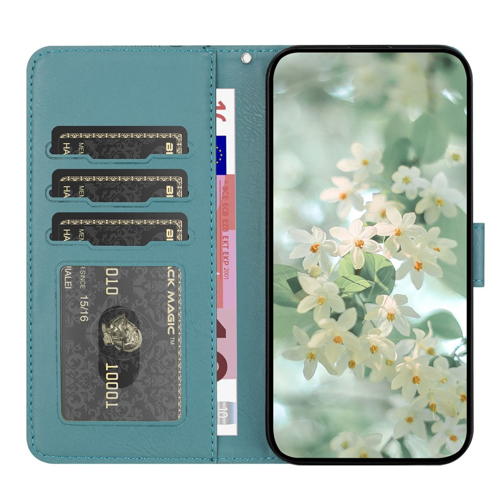 For Samsung Galaxy A57 5G Case Flower Imprint Leather Flip Wallet Phone Cover with Wrist Strap - Blackish Green