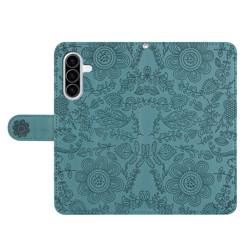 For Samsung Galaxy A57 5G Case Flower Imprint Leather Flip Wallet Phone Cover with Wrist Strap - Blackish Green