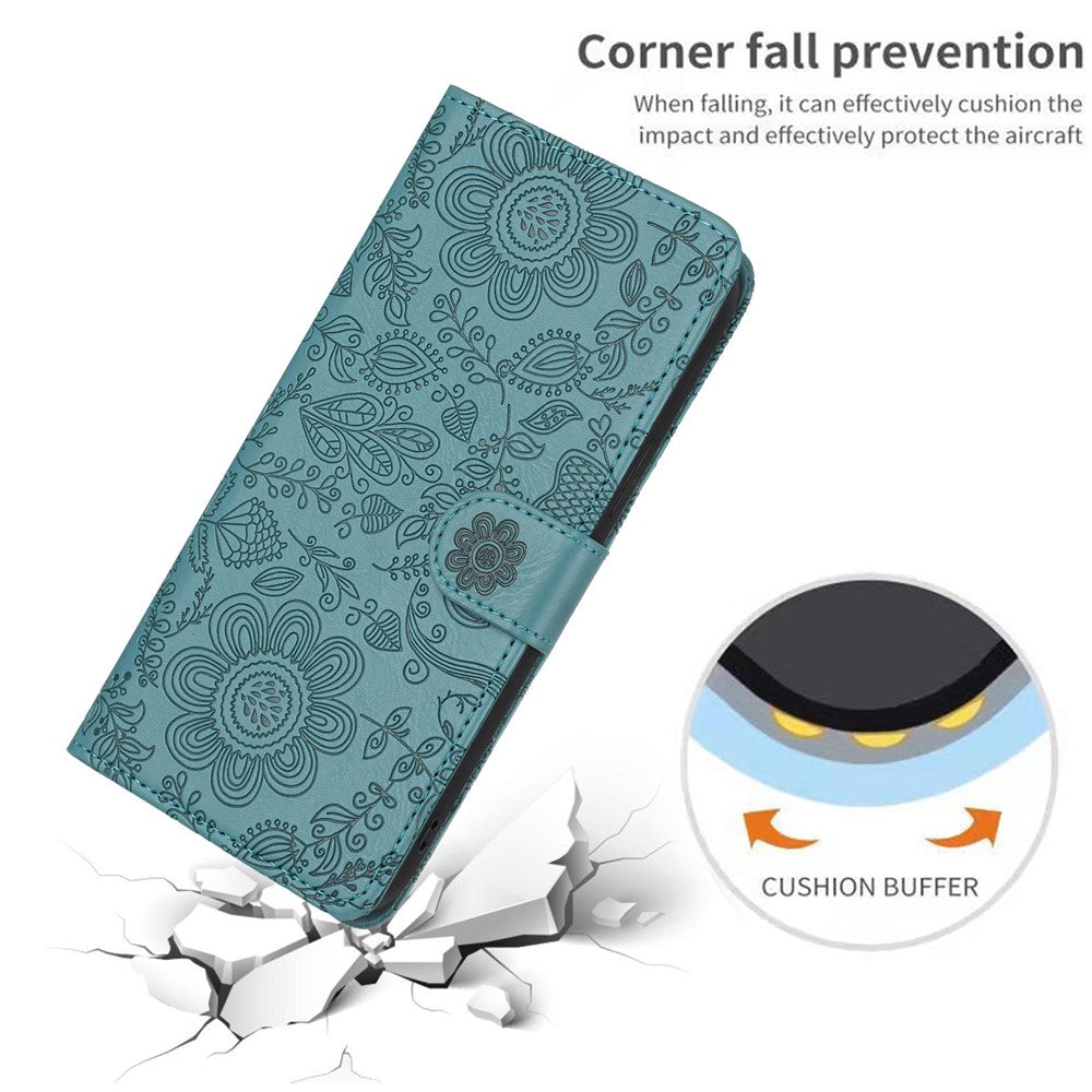 For Samsung Galaxy A57 5G Case Flower Imprint Leather Flip Wallet Phone Cover with Wrist Strap - Blackish Green