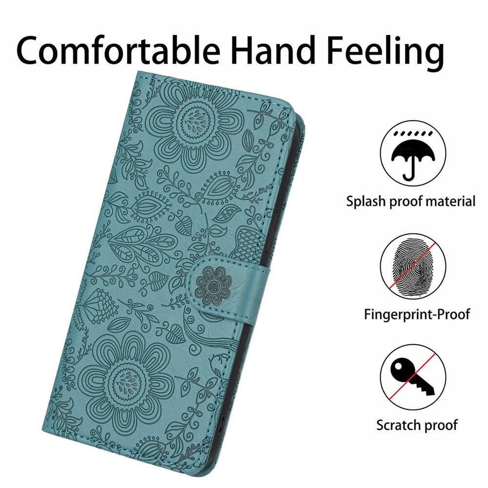 For Samsung Galaxy A57 5G Case Flower Imprint Leather Flip Wallet Phone Cover with Wrist Strap - Blackish Green