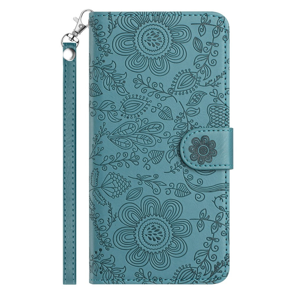 For Samsung Galaxy A57 5G Case Flower Imprint Leather Flip Wallet Phone Cover with Wrist Strap - Blackish Green