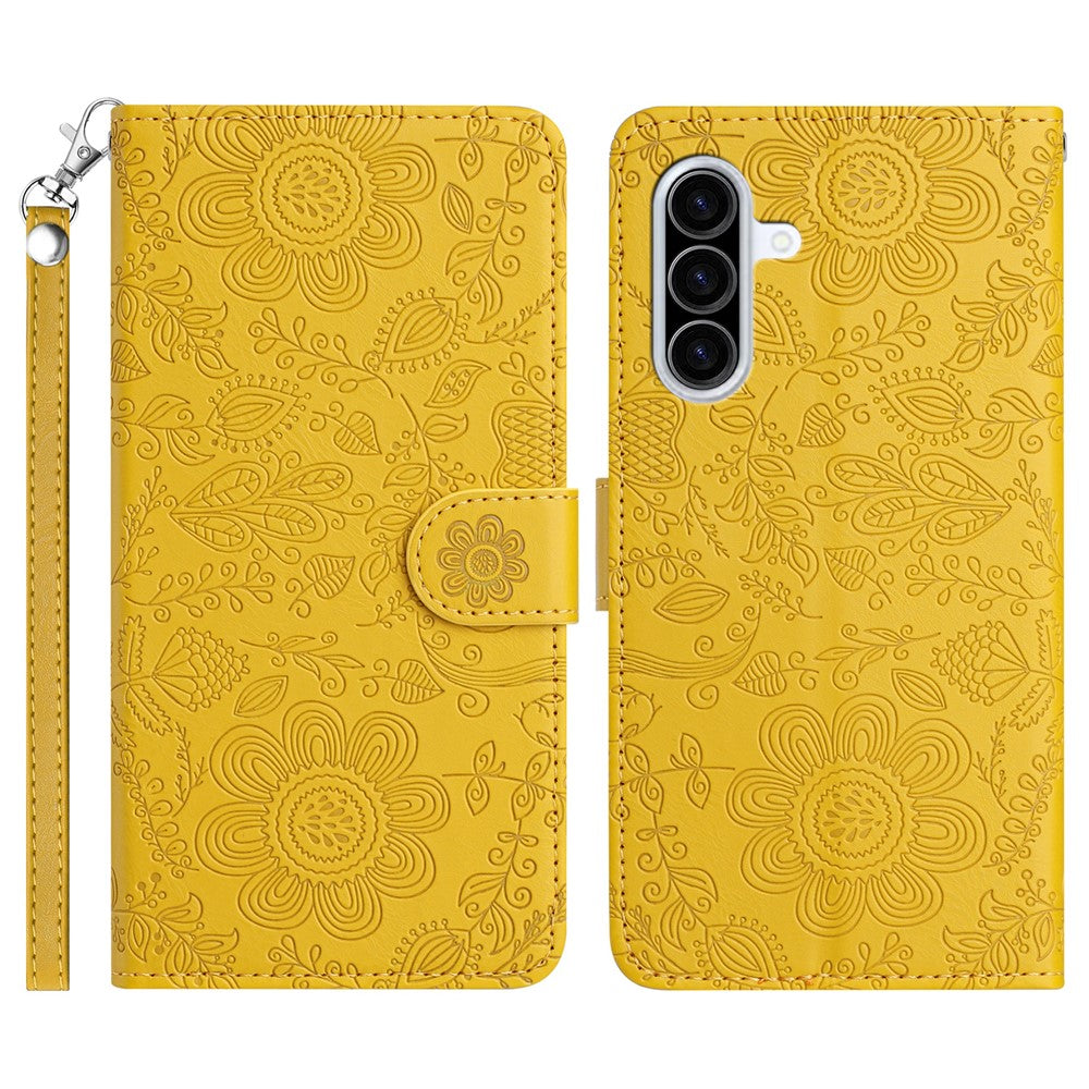 For Samsung Galaxy A57 5G Case Flower Imprint Leather Flip Wallet Phone Cover with Wrist Strap - Yellow