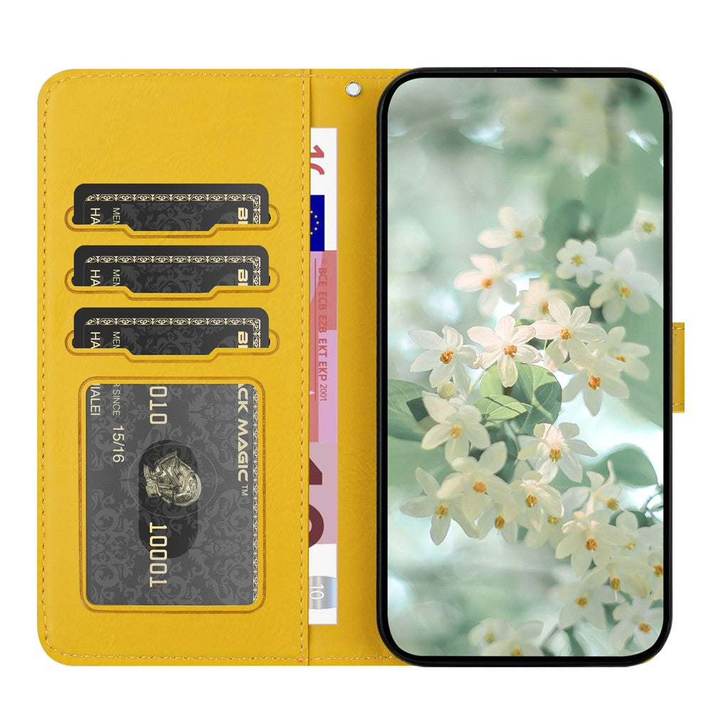 For Samsung Galaxy A57 5G Case Flower Imprint Leather Flip Wallet Phone Cover with Wrist Strap - Yellow