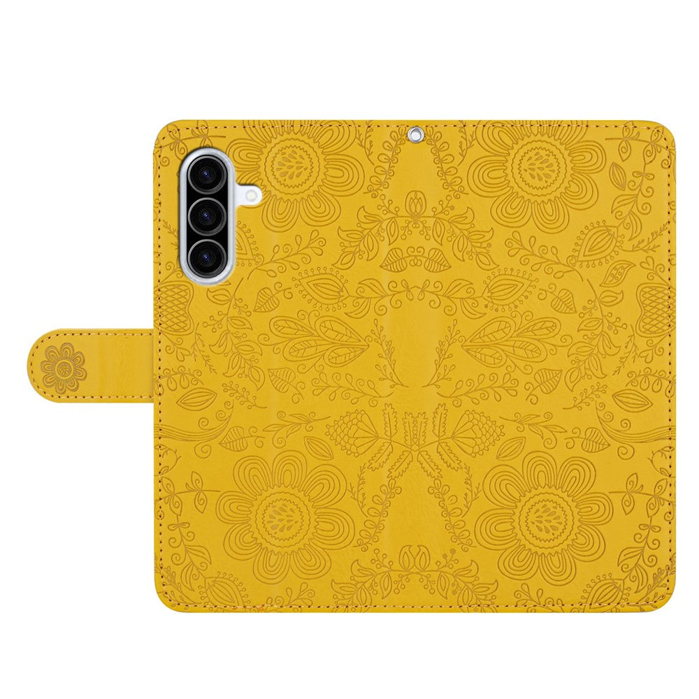For Samsung Galaxy A57 5G Case Flower Imprint Leather Flip Wallet Phone Cover with Wrist Strap - Yellow