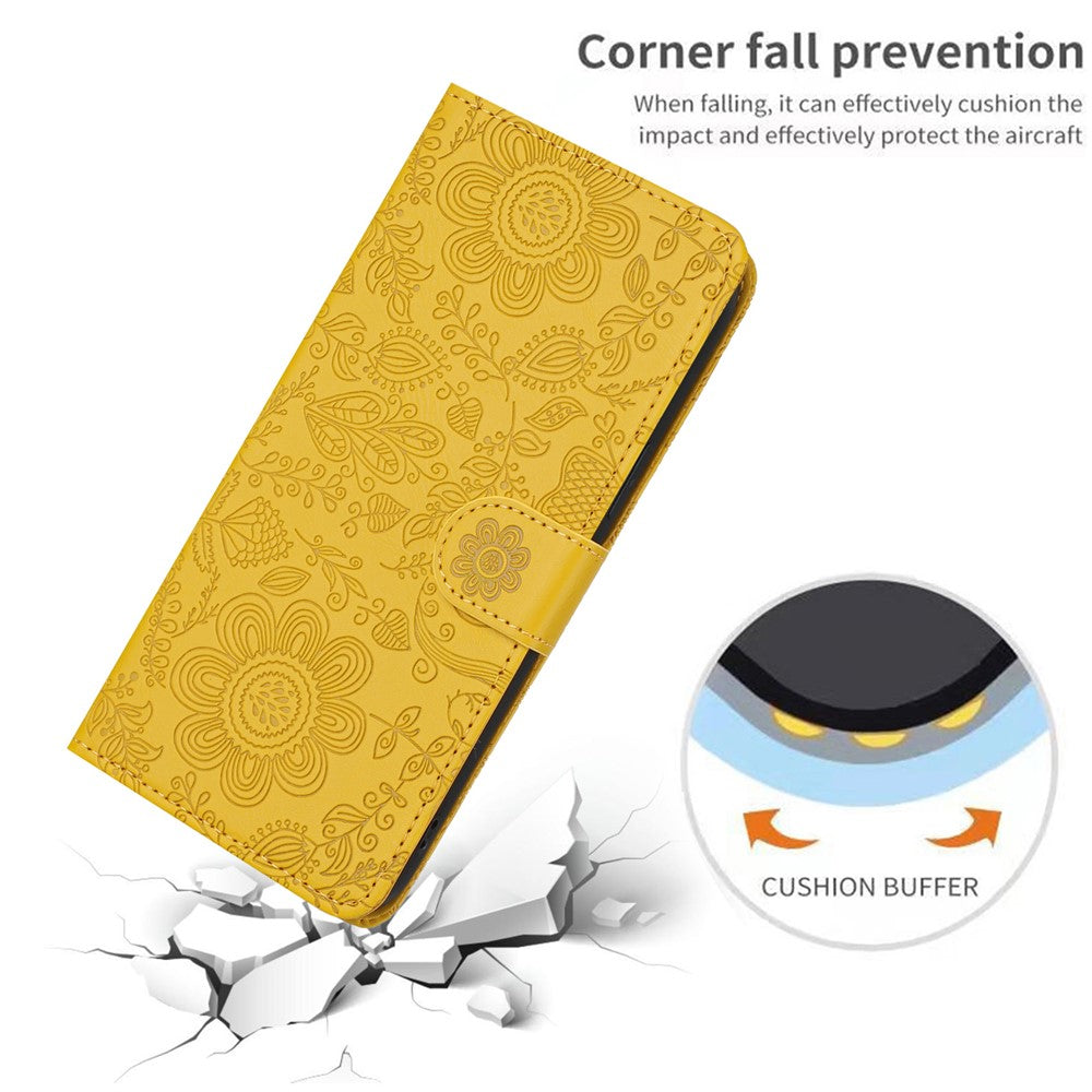For Samsung Galaxy A57 5G Case Flower Imprint Leather Flip Wallet Phone Cover with Wrist Strap - Yellow