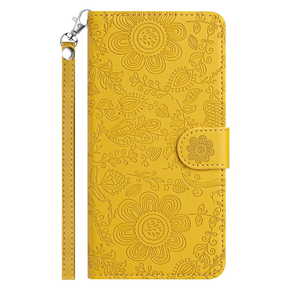 For Samsung Galaxy A57 5G Case Flower Imprint Leather Flip Wallet Phone Cover with Wrist Strap - Yellow