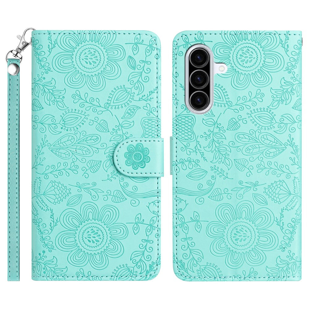 For Samsung Galaxy A57 5G Case Flower Imprint Leather Flip Wallet Phone Cover with Wrist Strap - Light Green
