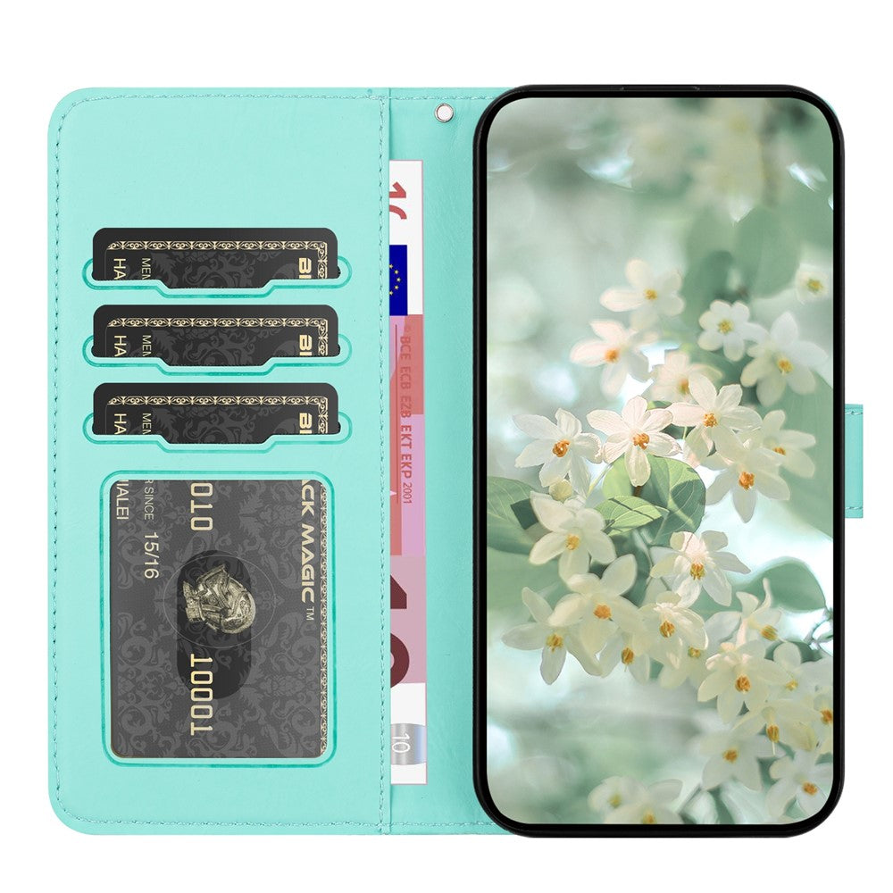 For Samsung Galaxy A57 5G Case Flower Imprint Leather Flip Wallet Phone Cover with Wrist Strap - Light Green