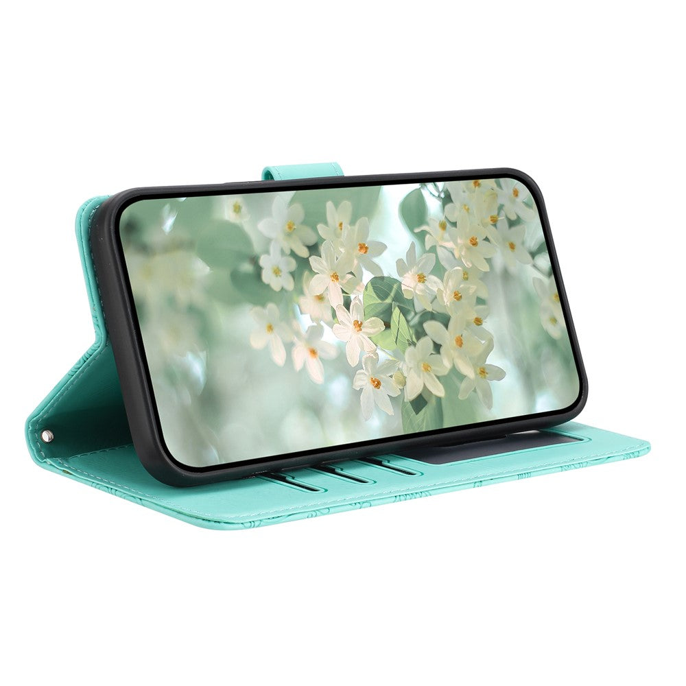For Samsung Galaxy A57 5G Case Flower Imprint Leather Flip Wallet Phone Cover with Wrist Strap - Light Green