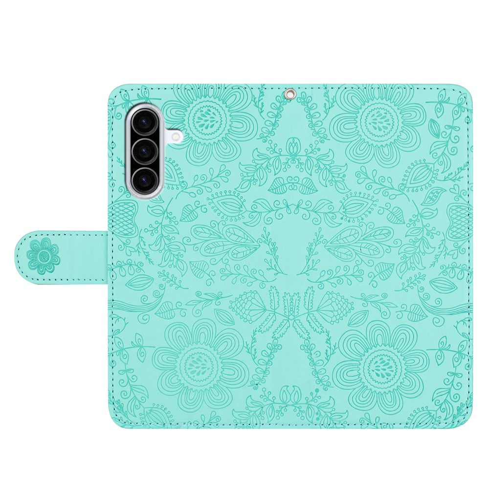 For Samsung Galaxy A57 5G Case Flower Imprint Leather Flip Wallet Phone Cover with Wrist Strap - Light Green