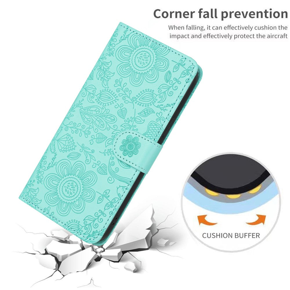 For Samsung Galaxy A57 5G Case Flower Imprint Leather Flip Wallet Phone Cover with Wrist Strap - Light Green