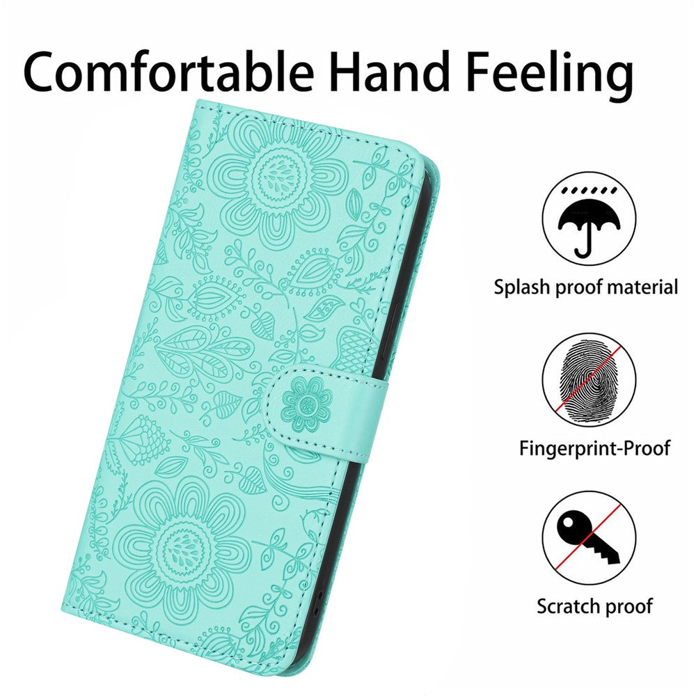 For Samsung Galaxy A57 5G Case Flower Imprint Leather Flip Wallet Phone Cover with Wrist Strap - Light Green