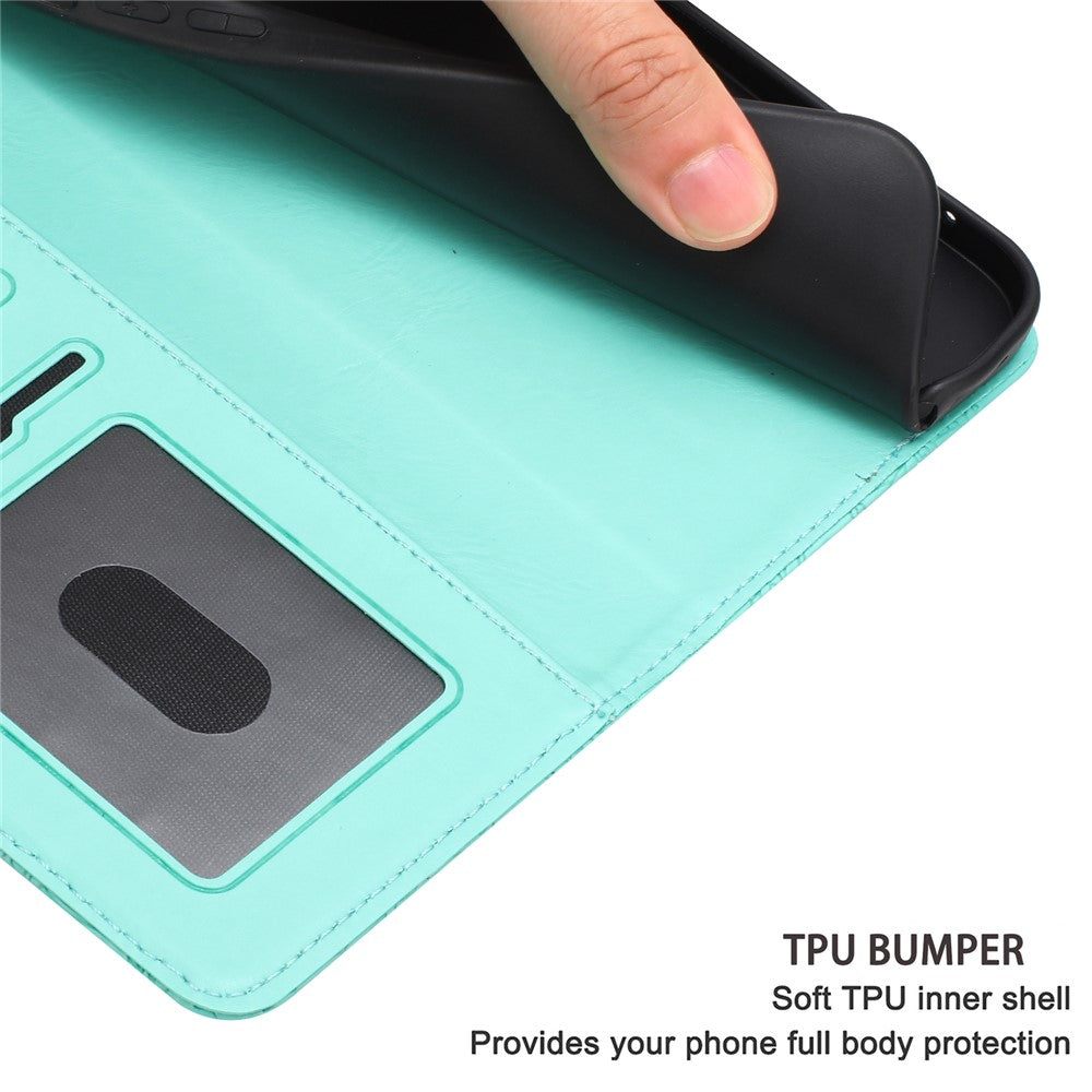 For Samsung Galaxy A57 5G Case Flower Imprint Leather Flip Wallet Phone Cover with Wrist Strap - Light Green
