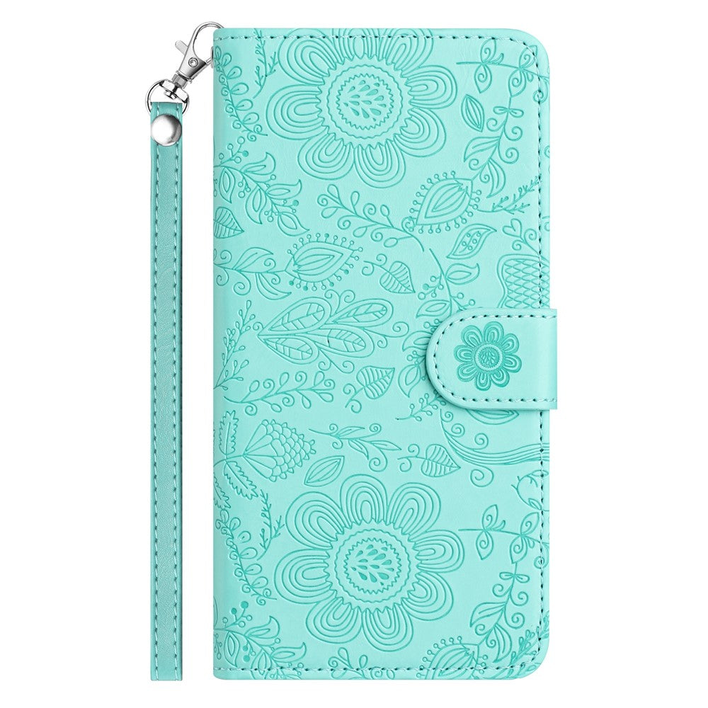 For Samsung Galaxy A57 5G Case Flower Imprint Leather Flip Wallet Phone Cover with Wrist Strap - Light Green