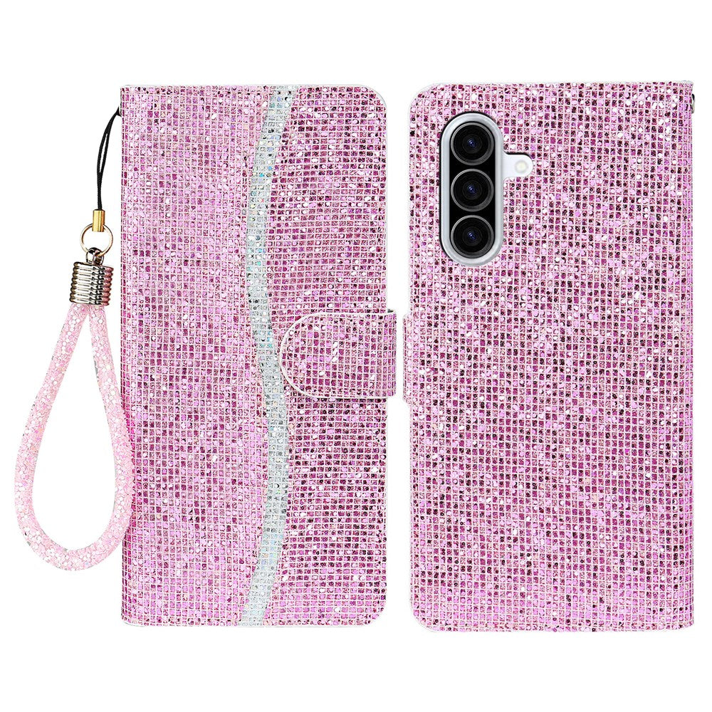 For Samsung Galaxy A57 5G Case PU Leather Wallet Card Slots Glitter Phone Cover - Pink