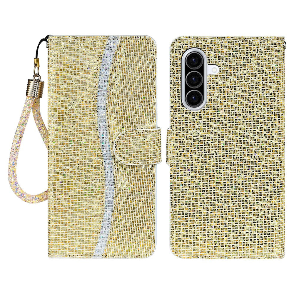 For Samsung Galaxy A57 5G Case PU Leather Wallet Card Slots Glitter Phone Cover - Gold