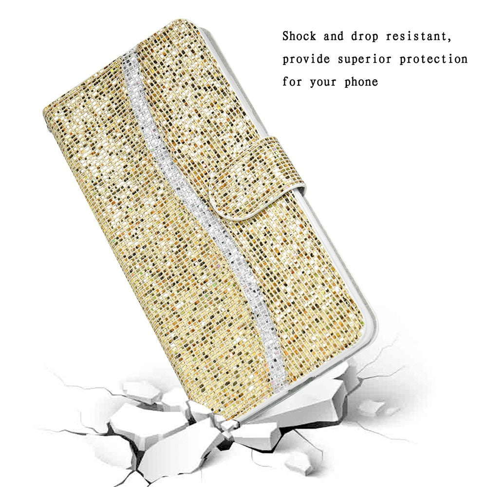 For Samsung Galaxy A57 5G Case PU Leather Wallet Card Slots Glitter Phone Cover - Gold