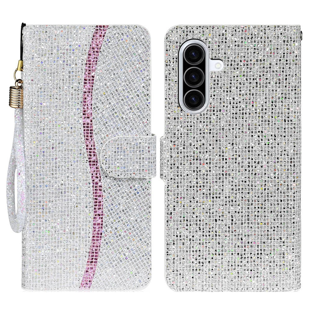 For Samsung Galaxy A57 5G Case PU Leather Wallet Card Slots Glitter Phone Cover - Silver