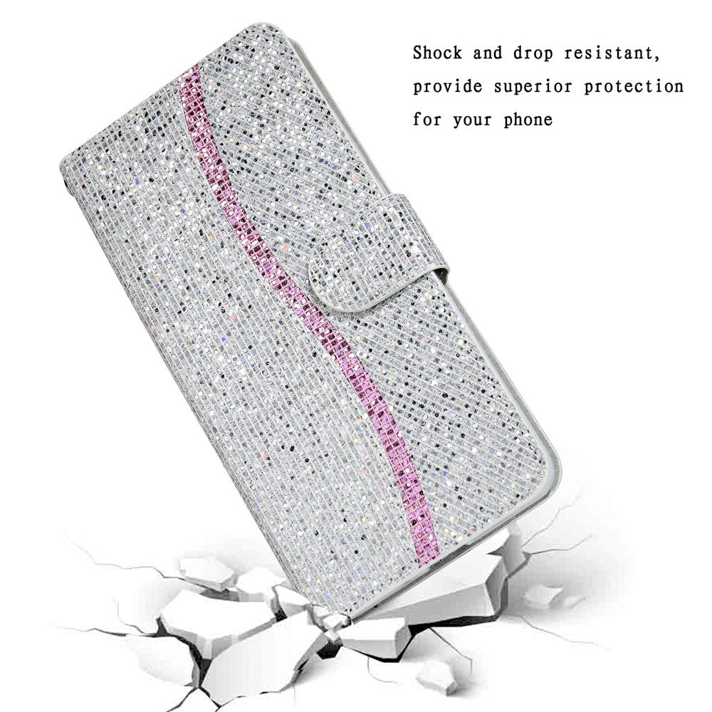 For Samsung Galaxy A57 5G Case PU Leather Wallet Card Slots Glitter Phone Cover - Silver