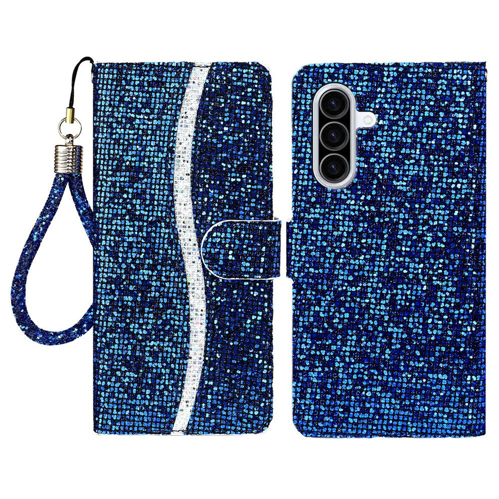 For Samsung Galaxy A57 5G Case PU Leather Wallet Card Slots Glitter Phone Cover - Blue