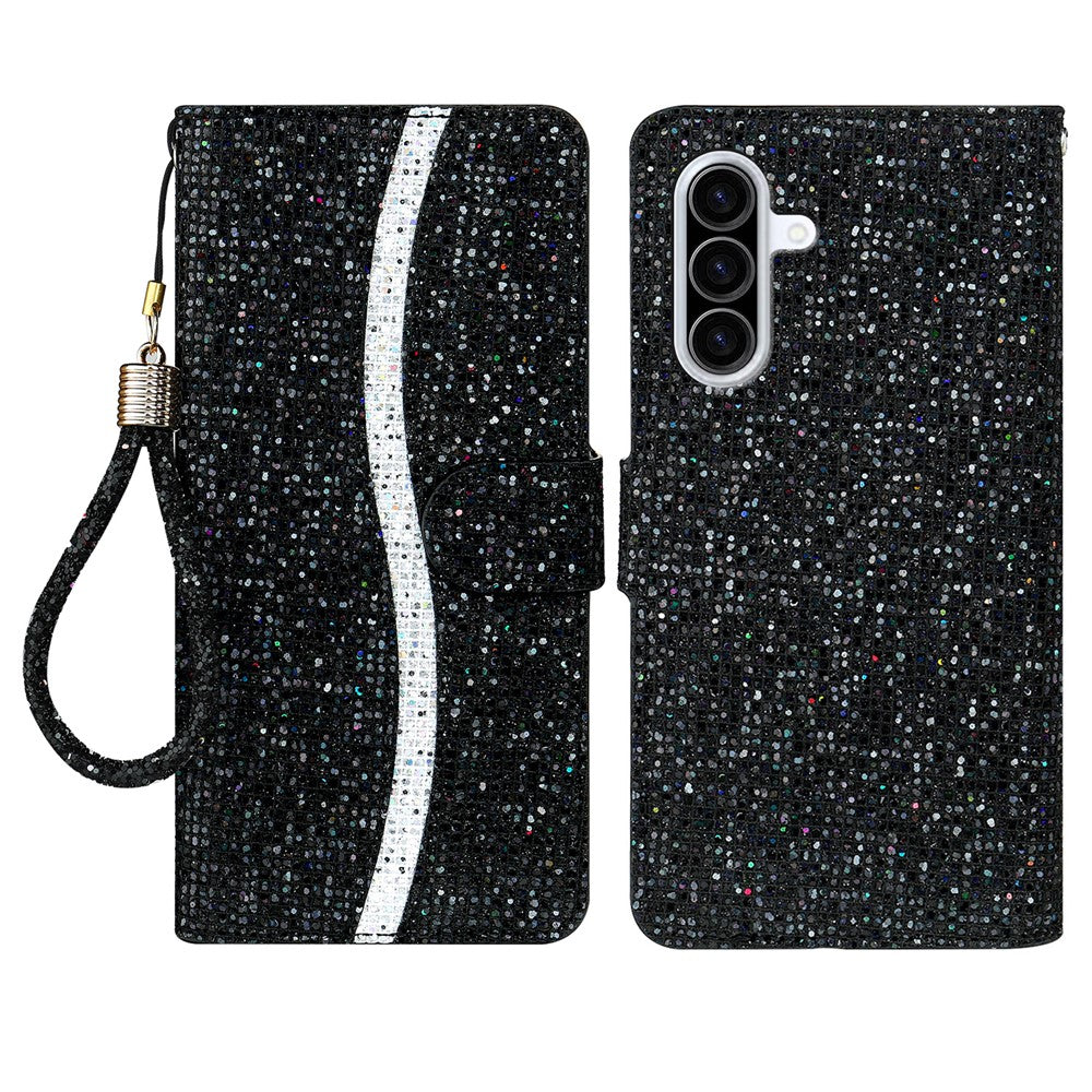 For Samsung Galaxy A57 5G Case PU Leather Wallet Card Slots Glitter Phone Cover - Black