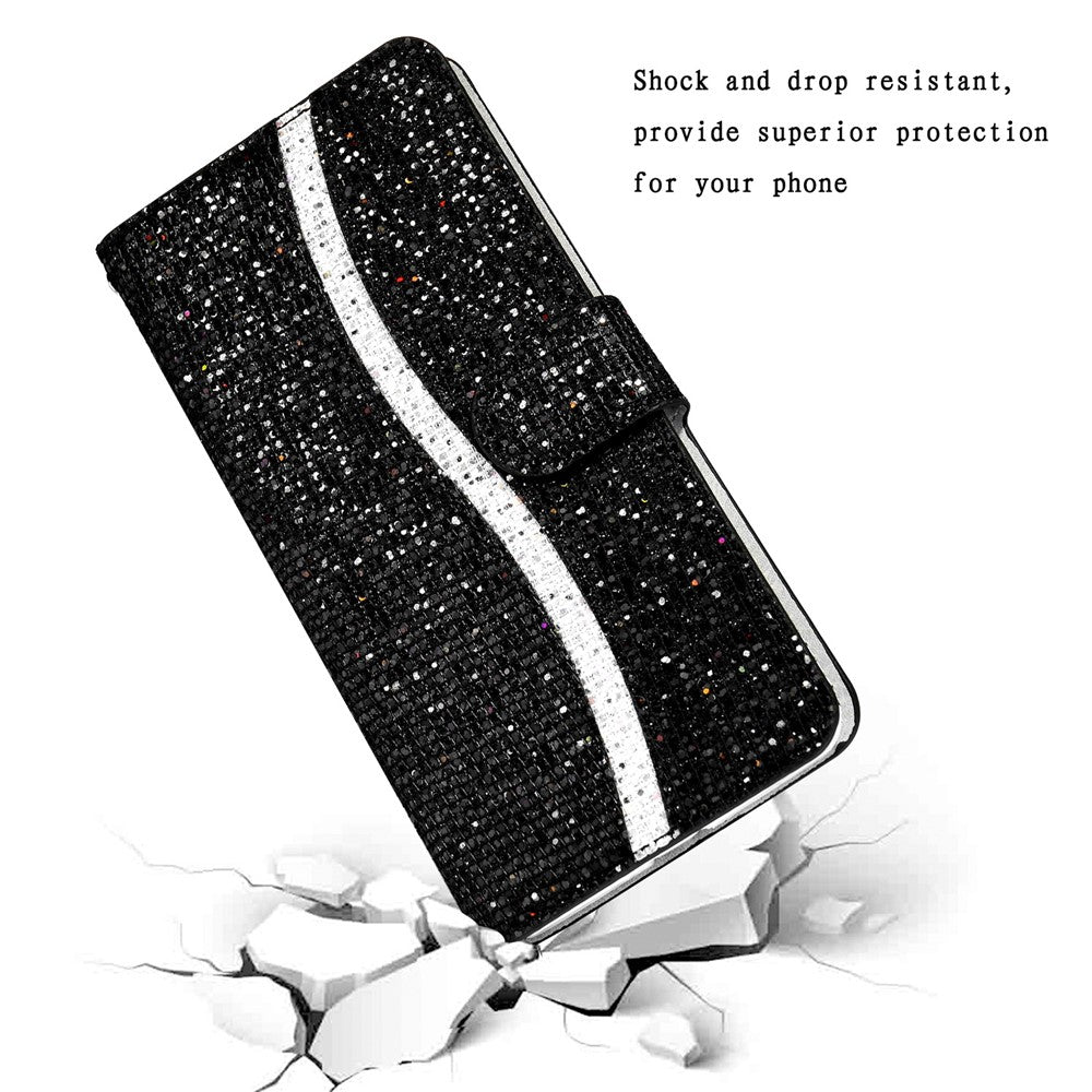 For Samsung Galaxy A57 5G Case PU Leather Wallet Card Slots Glitter Phone Cover - Black