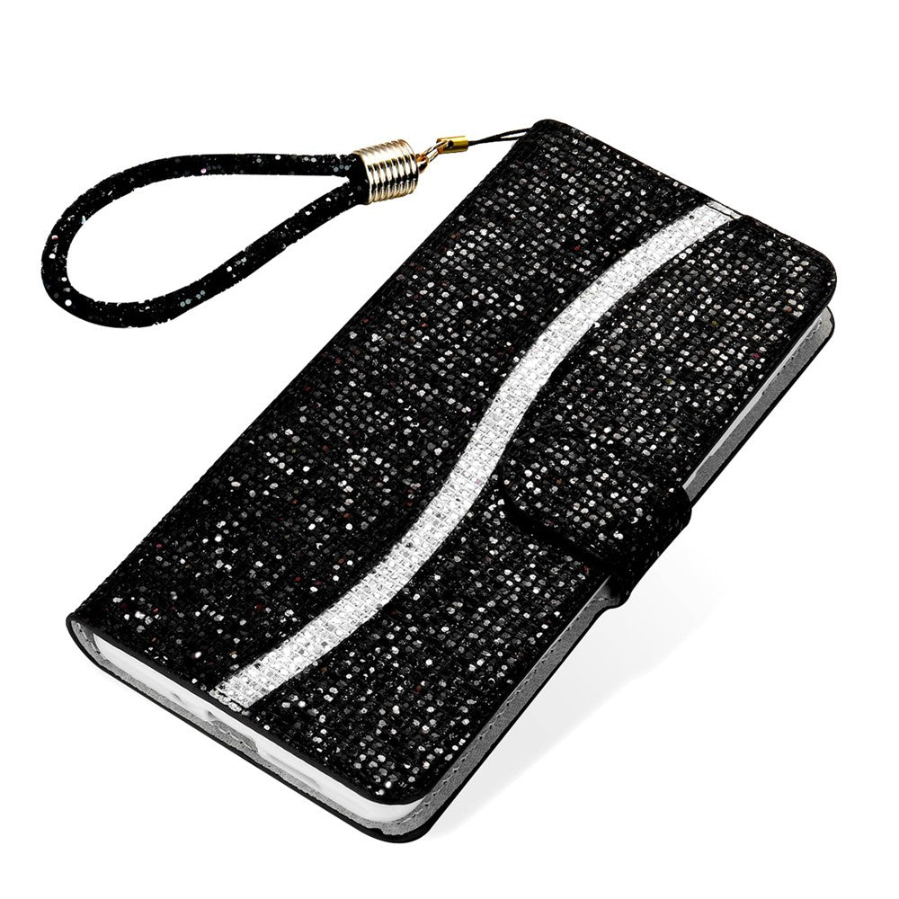 For Samsung Galaxy A57 5G Case PU Leather Wallet Card Slots Glitter Phone Cover - Black