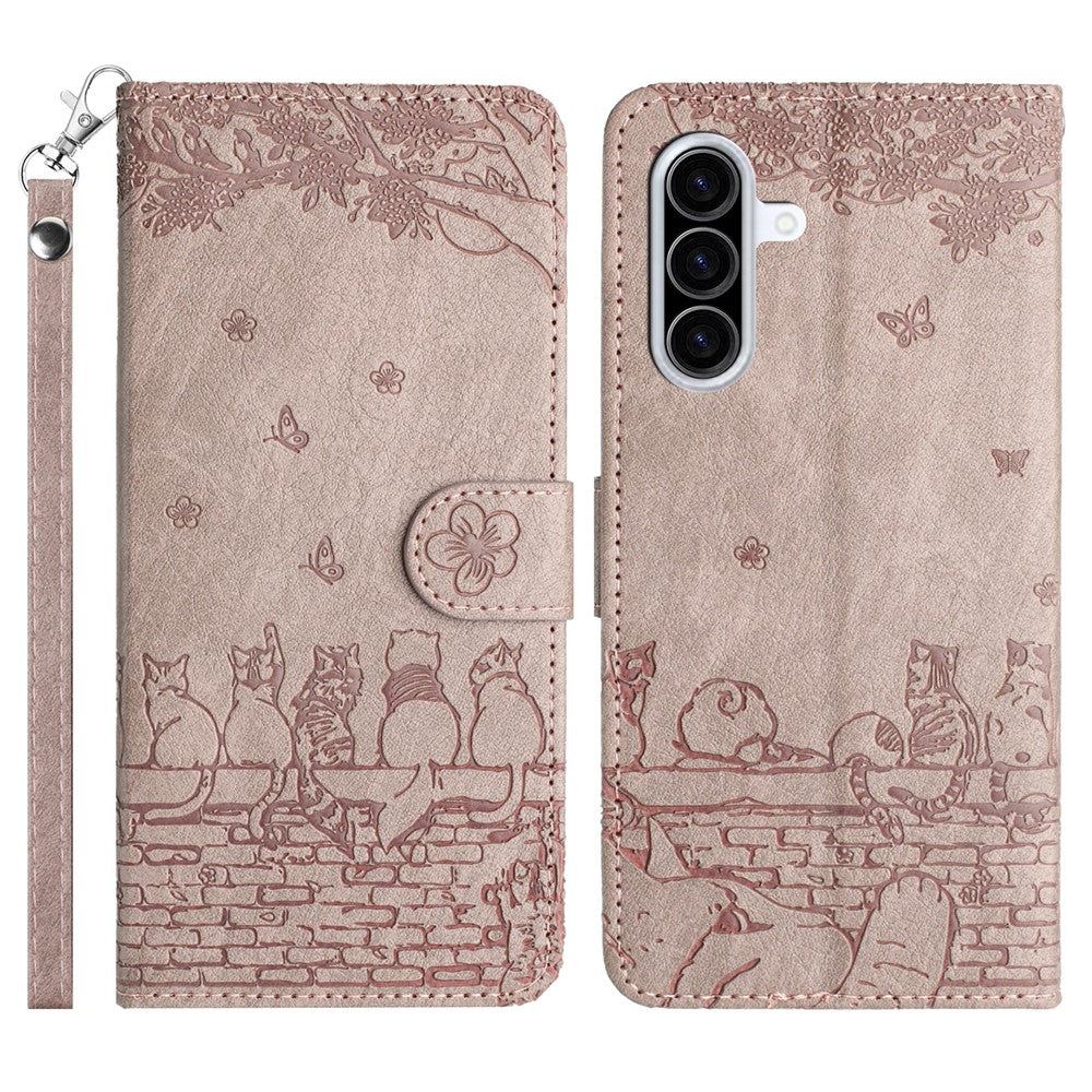 For Samsung Galaxy A57 5G Case with Wrist Strap Leather Phone Cover Wall Cats Pattern - Smoky Purple