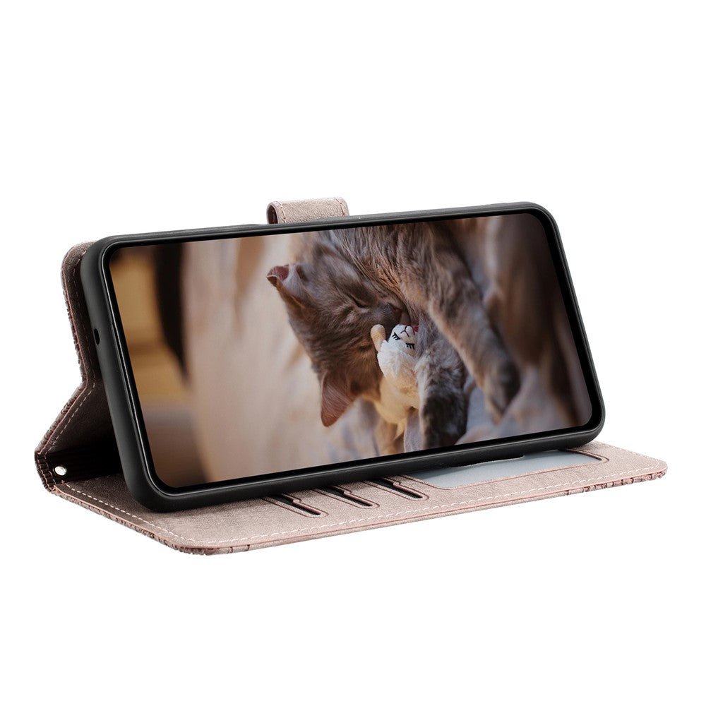 For Samsung Galaxy A57 5G Case with Wrist Strap Leather Phone Cover Wall Cats Pattern - Smoky Purple