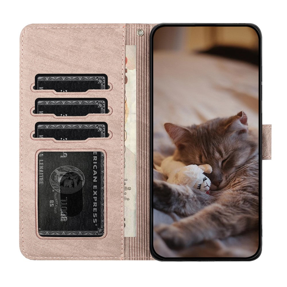 For Samsung Galaxy A57 5G Case with Wrist Strap Leather Phone Cover Wall Cats Pattern - Smoky Purple