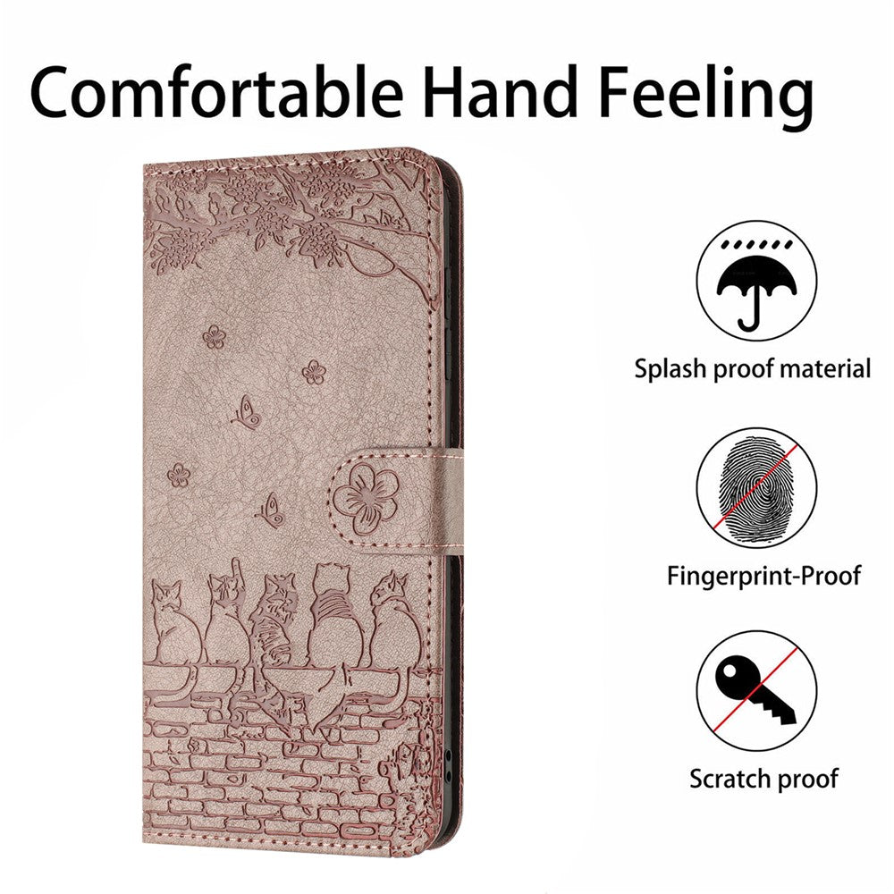 For Samsung Galaxy A57 5G Case with Wrist Strap Leather Phone Cover Wall Cats Pattern - Smoky Purple