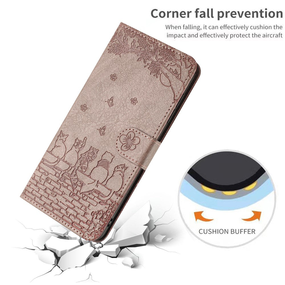 For Samsung Galaxy A57 5G Case with Wrist Strap Leather Phone Cover Wall Cats Pattern - Smoky Purple