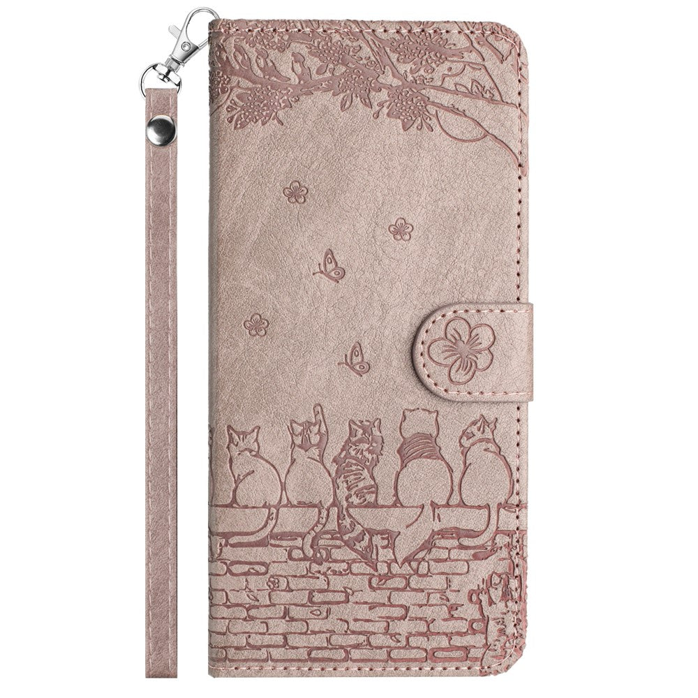 For Samsung Galaxy A57 5G Case with Wrist Strap Leather Phone Cover Wall Cats Pattern - Smoky Purple