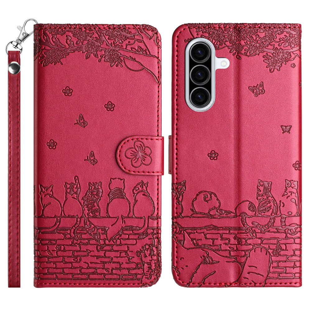 For Samsung Galaxy A57 5G Case with Wrist Strap Leather Phone Cover Wall Cats Pattern - Red