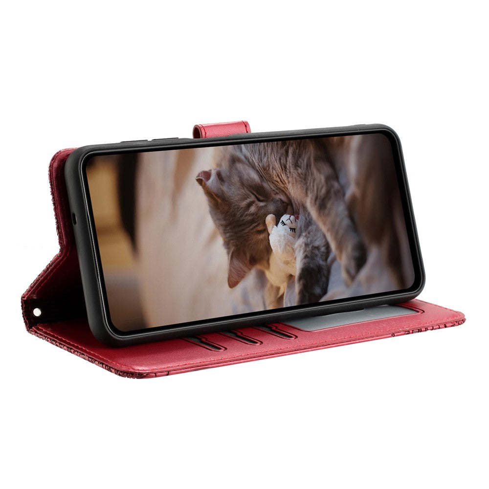 For Samsung Galaxy A57 5G Case with Wrist Strap Leather Phone Cover Wall Cats Pattern - Red