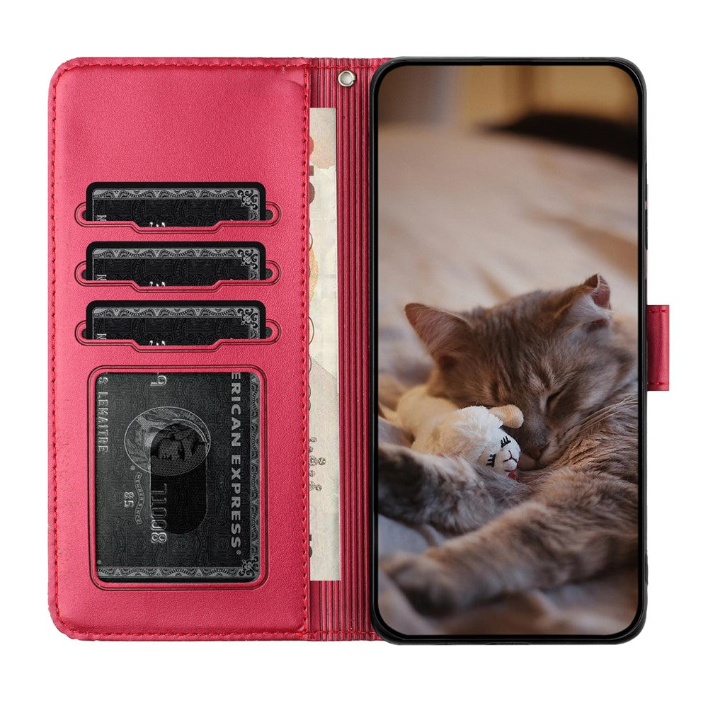 For Samsung Galaxy A57 5G Case with Wrist Strap Leather Phone Cover Wall Cats Pattern - Red