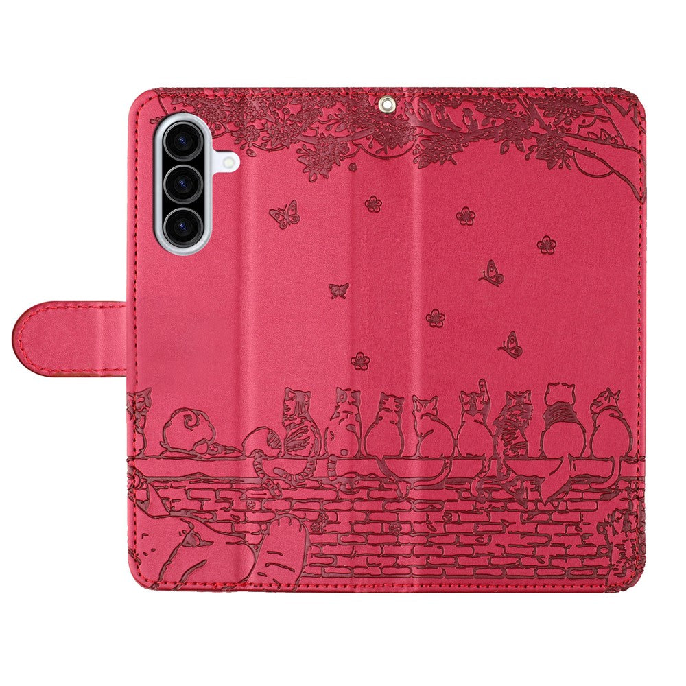 For Samsung Galaxy A57 5G Case with Wrist Strap Leather Phone Cover Wall Cats Pattern - Red