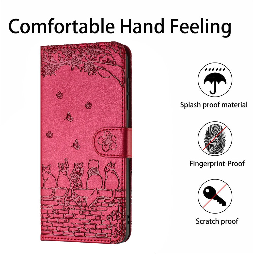For Samsung Galaxy A57 5G Case with Wrist Strap Leather Phone Cover Wall Cats Pattern - Red