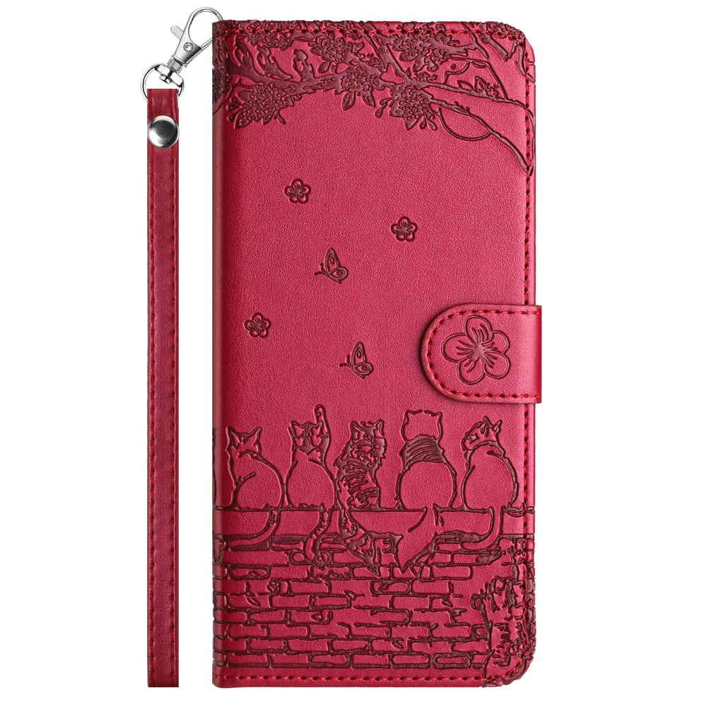 For Samsung Galaxy A57 5G Case with Wrist Strap Leather Phone Cover Wall Cats Pattern - Red