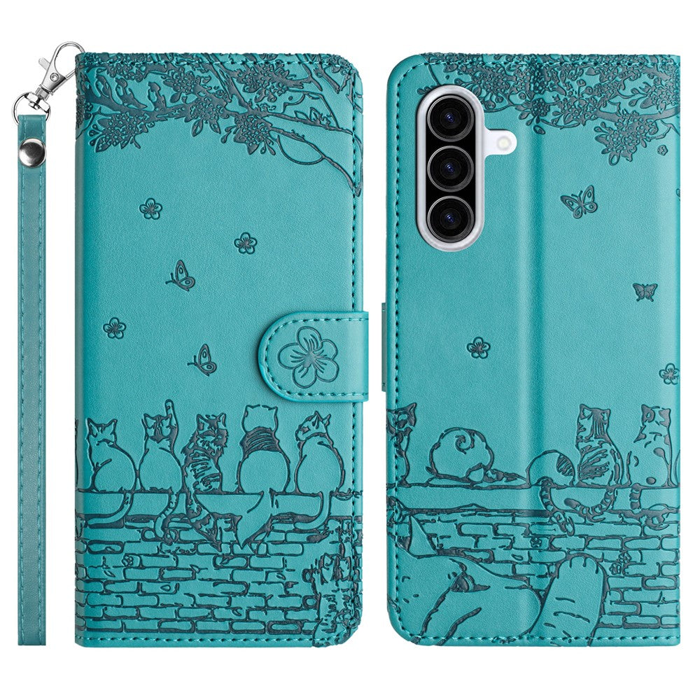 For Samsung Galaxy A57 5G Case with Wrist Strap Leather Phone Cover Wall Cats Pattern - Blue