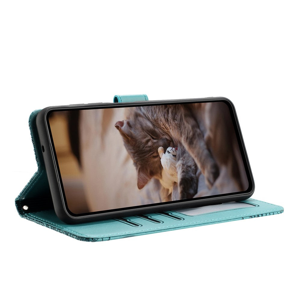 For Samsung Galaxy A57 5G Case with Wrist Strap Leather Phone Cover Wall Cats Pattern - Blue